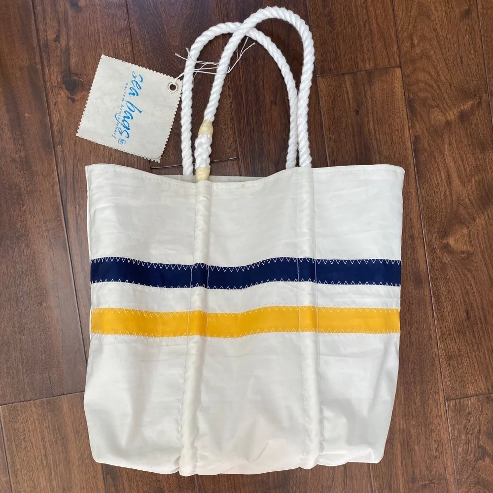 NWT Sea Bags Medium Tote White, Navy & Yellow - Picture 2 of 6